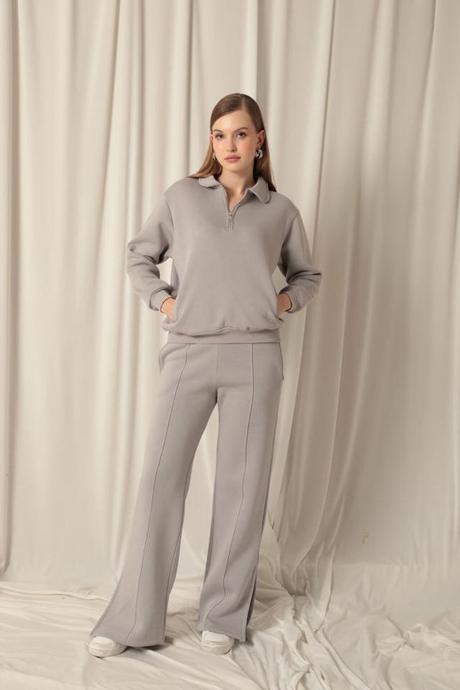 Maxi Modena Women's Dark Grey Sweatpants With Three Thread Connecting Grass Slit Loose Leg Wholesale Clothing Casual