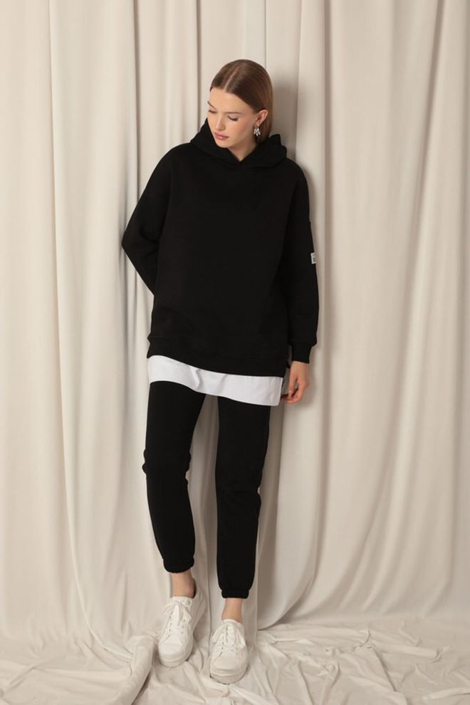Maxi Modena Three Thread Emblem Detail Skirt Garnished Hooded Women's Black Sweater Wholesale Clothing Casual
