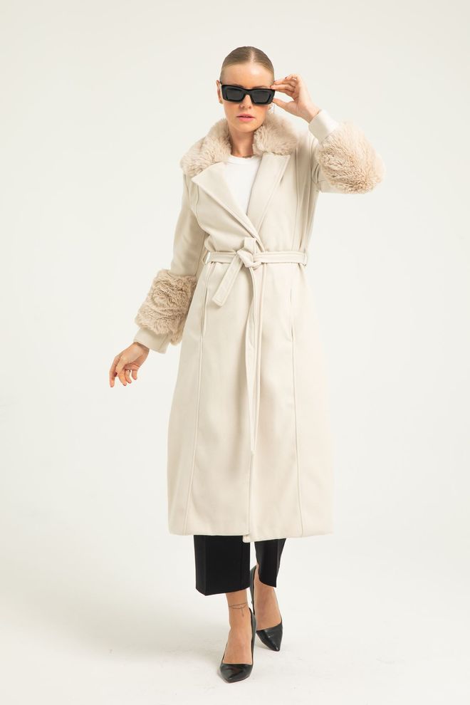 Maxi Modena Long Cachet Coat With Imported Fur Detail On Sleeves And Collar Wholesale Clothing Winter