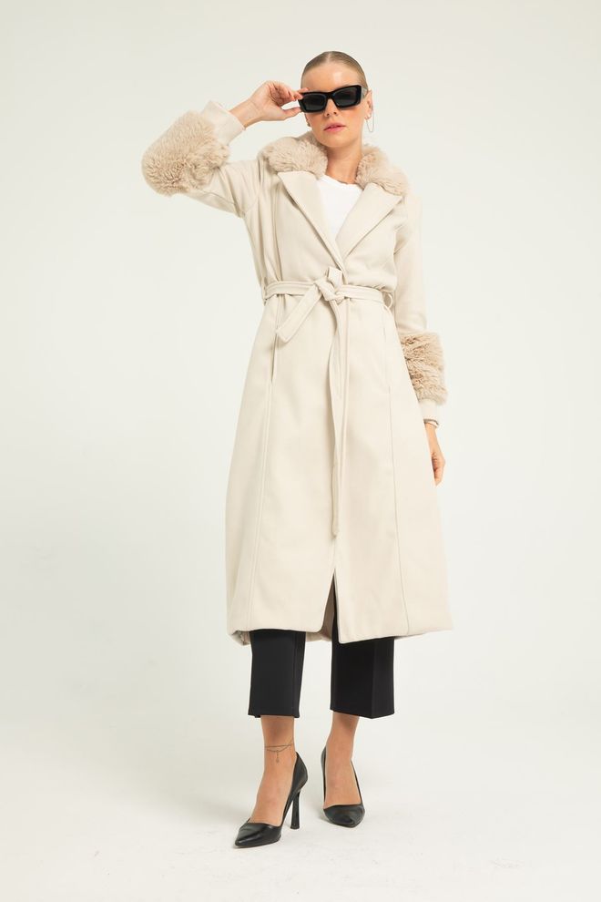 Maxi Modena Long Cachet Coat With Imported Fur Detail On Sleeves And Collar Wholesale Clothing 6