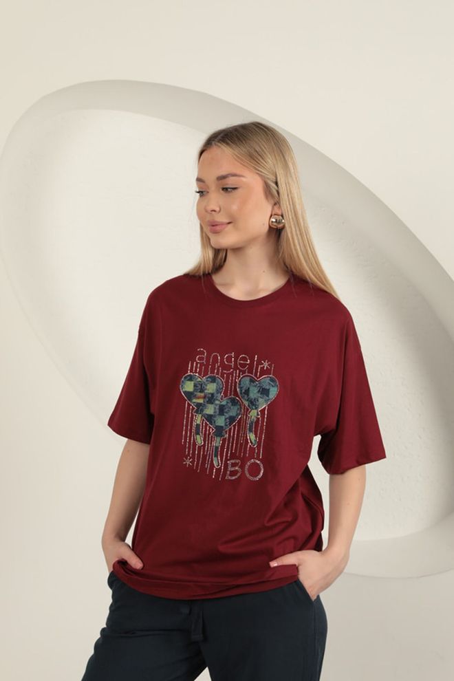 Maxi Modena Suprem Fabric Stone Printed Women's T Shirt Burgundy Wholesale Clothing Birthday