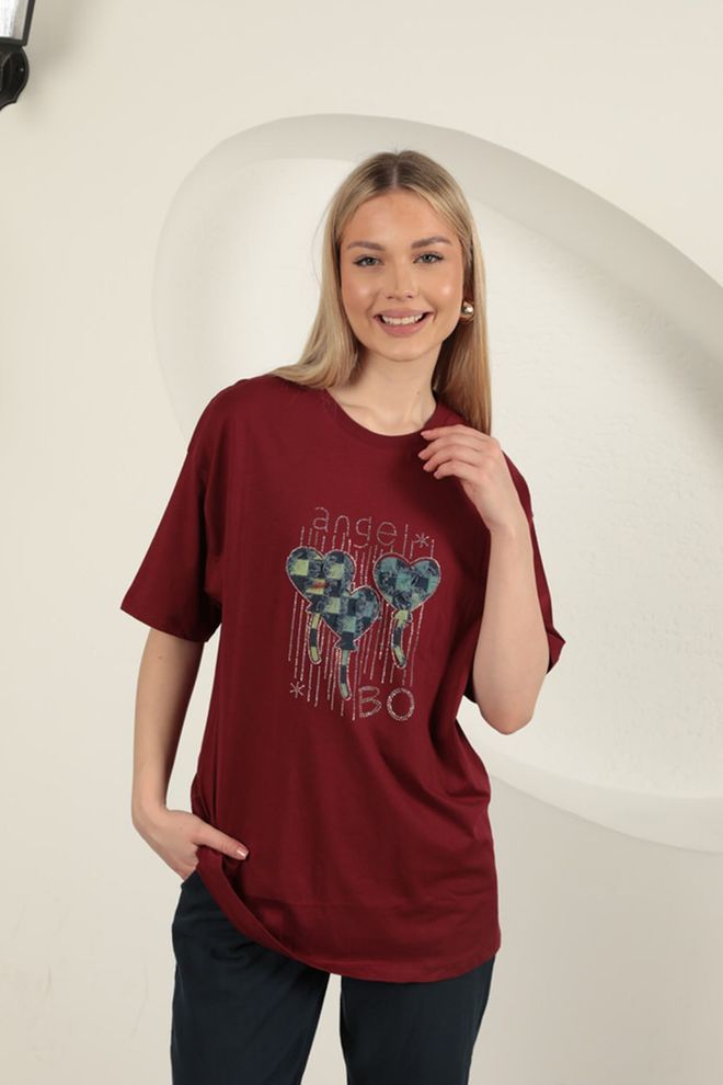 Maxi Modena Suprem Fabric Stone Printed Women's T Shirt Burgundy Wholesale Clothing No Fabric