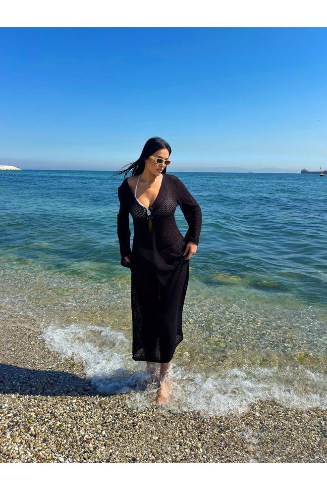 Maxi Modena Abito Da Spiaggia In Maglia Con Dettaglio Con Scollo A V Abbigliamento all'ingrosso Da spiaggia