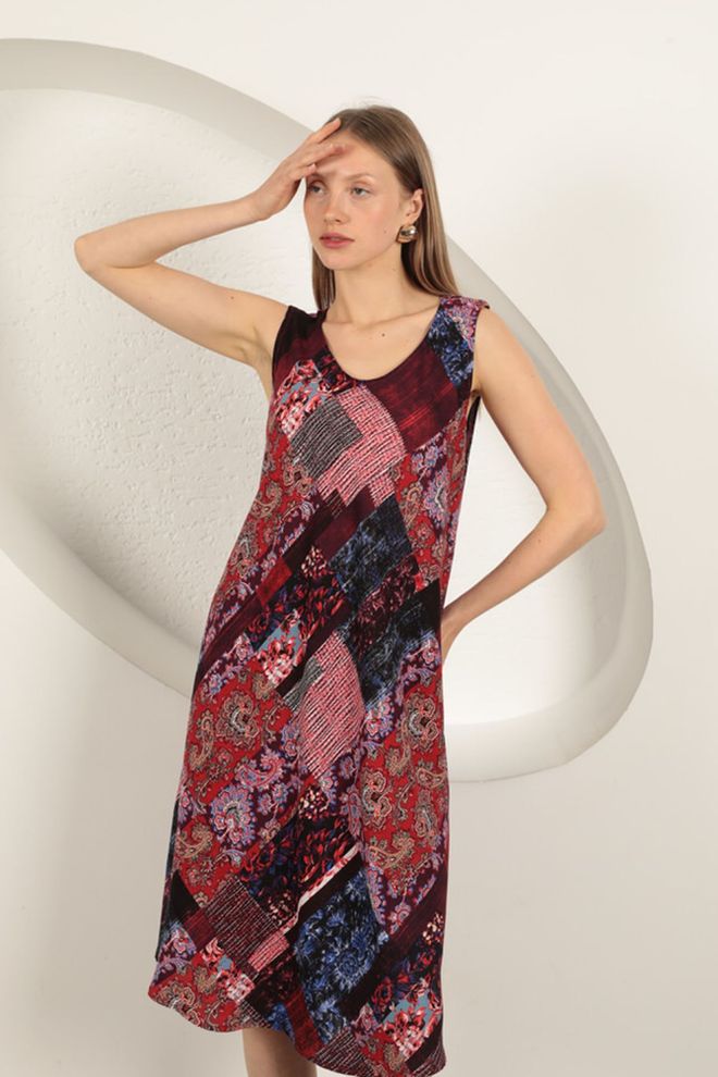 Maxi Modena Ethnisch Gemustertes Kleid Aus Viskosestoff Burgunderrot Großhandelskleidung Ethnisch