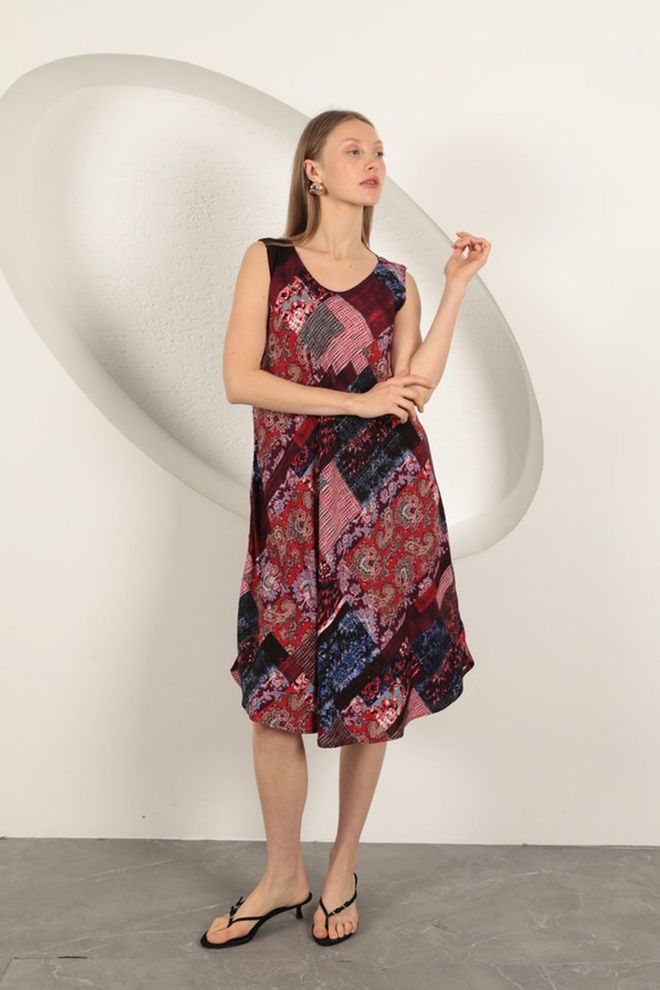 Maxi Modena Ethnisch Gemustertes Kleid Aus Viskosestoff Burgunderrot Großhandelskleidung Frühling