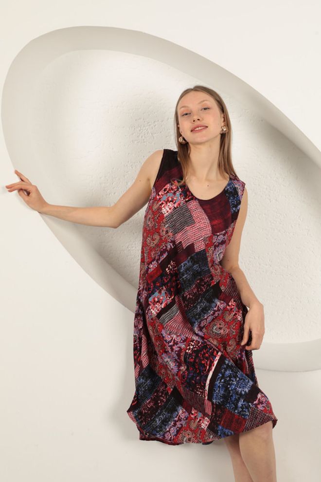 Maxi Modena Ethnisch Gemustertes Kleid Aus Viskosestoff Burgunderrot Großhandelskleidung 5