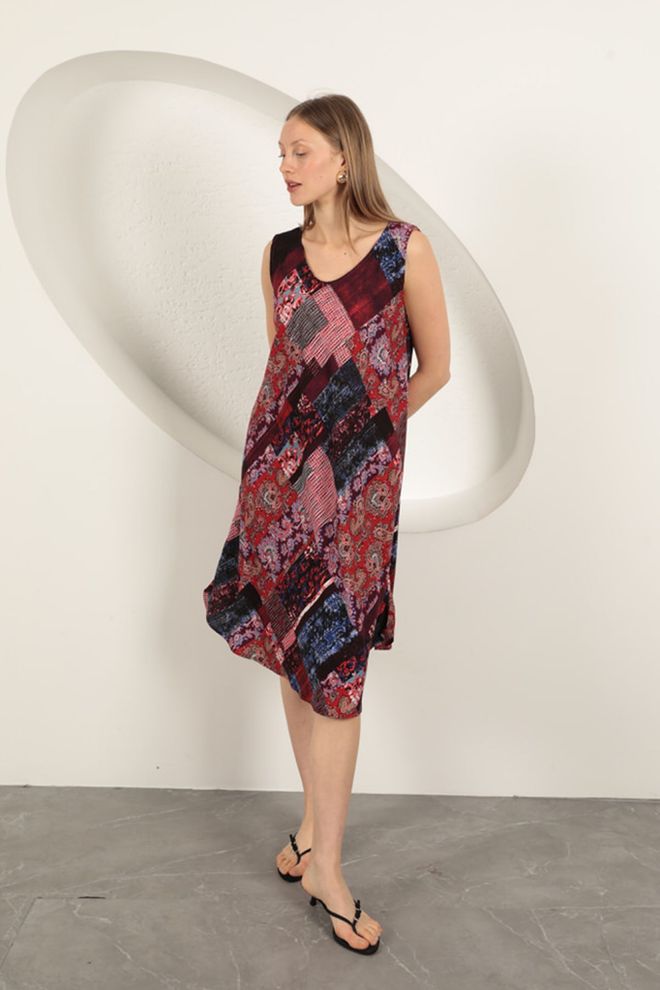 Maxi Modena Ethnisch Gemustertes Kleid Aus Viskosestoff Burgunderrot Großhandelskleidung Kein Stoff