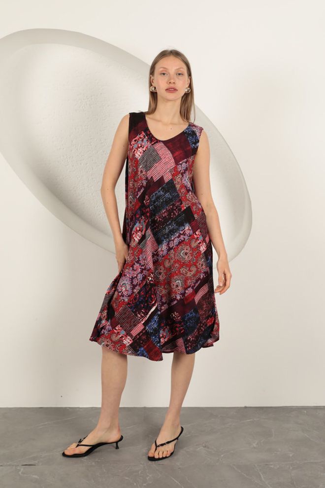 Maxi Modena Viscose Fabric Ethnic Patterned Dress burgundy Wholesale Clothing Casual