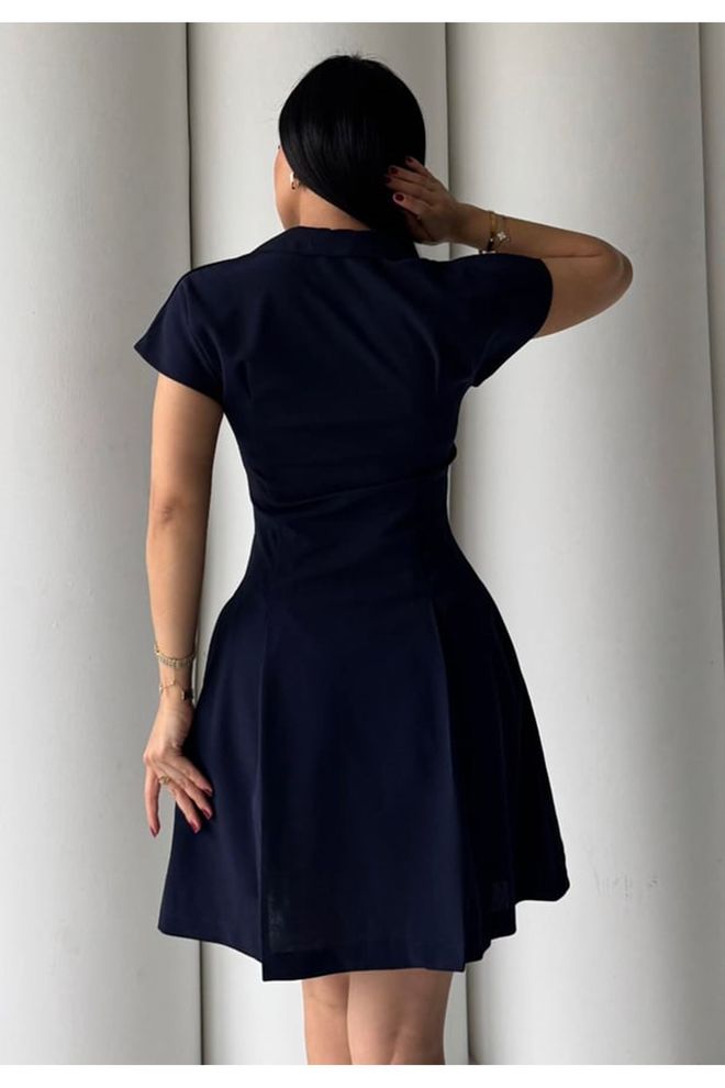 Maxi Modena Vestido Mini Azul marinho Fit And Flare Com Mangas Curtas Retas E Decote Entalhado Roupas por atacado A relaxar