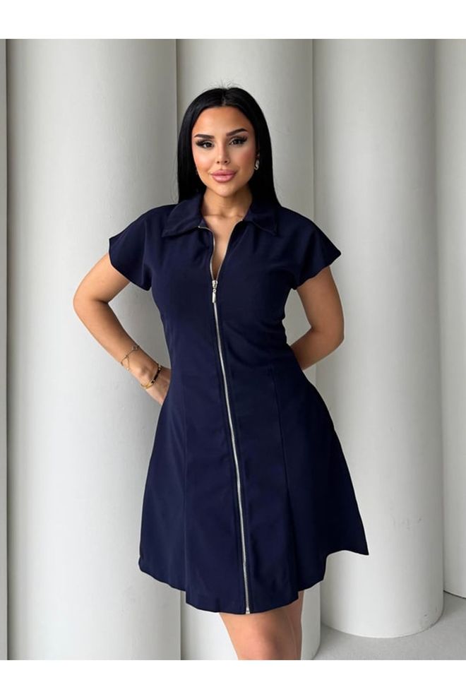 Maxi Modena Vestido Mini Azul marinho Fit And Flare Com Mangas Curtas Retas E Decote Entalhado Roupas por atacado 1