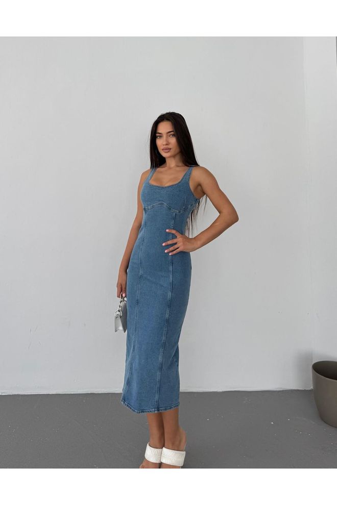 Maxi Modena Blue Sleeveless Bodycon Midi Dress With Square Neck Wholesale Clothing Casual