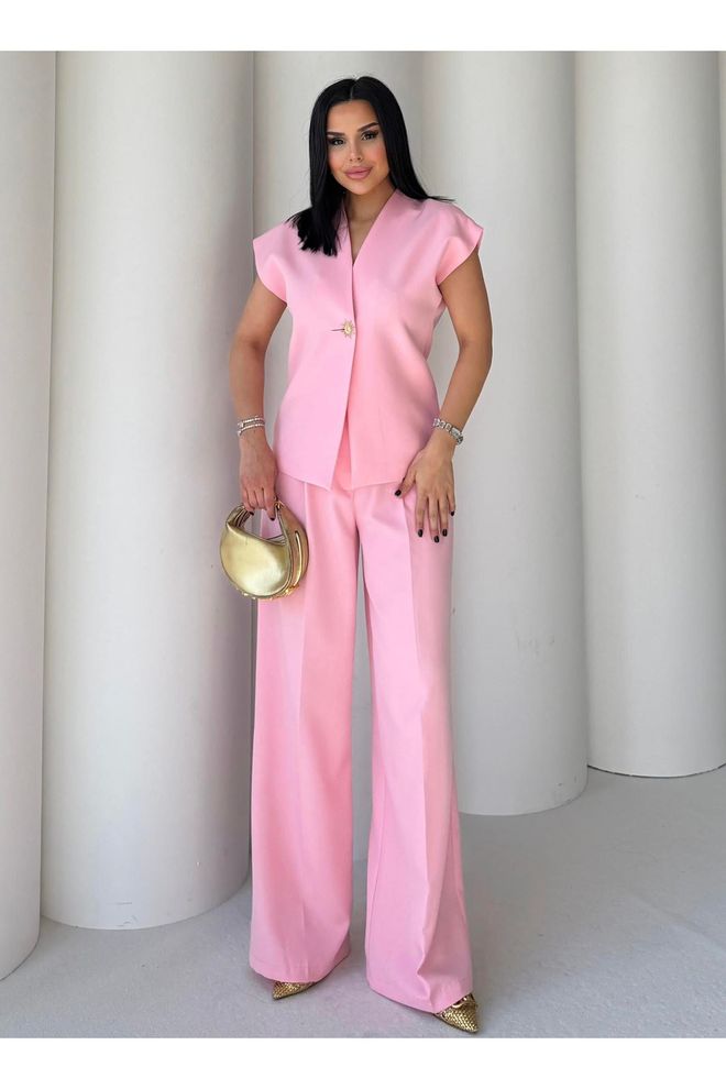 Maxi Modena Zarif Pembe Set Geniş Paça Palazzo Pantolon Toptan Giyim Gündelik