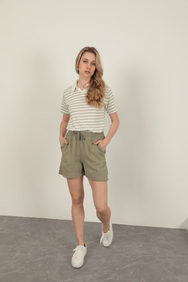 Maxi Modena Garbardin Fabric Tassel Women Shorts khaki Wholesale Clothing Casual