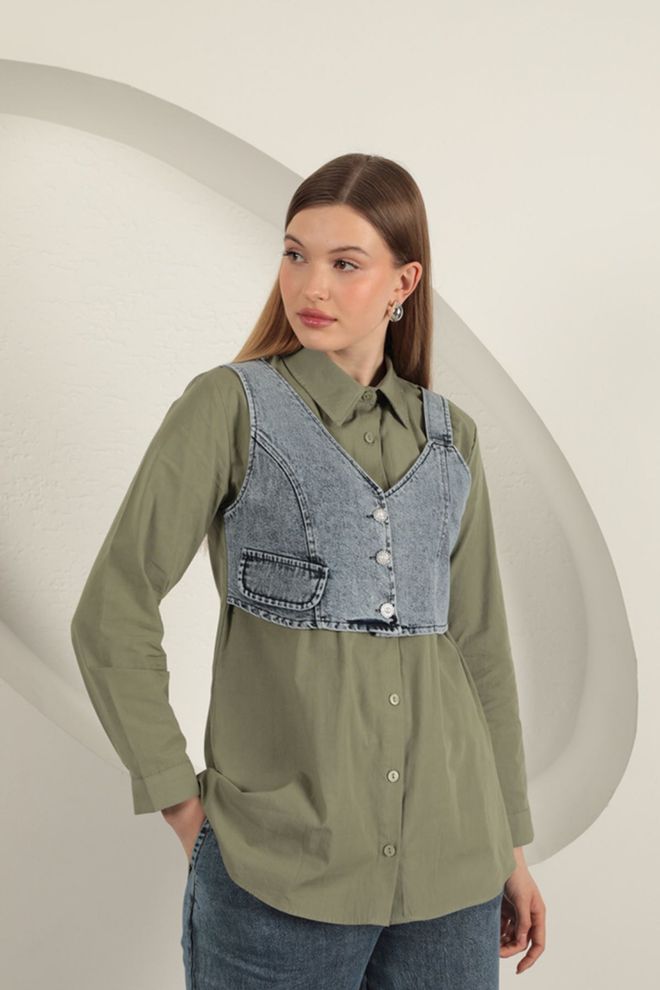Maxi Modena Camisa Caqui Con Detalle De Chaleco De Popelina Para Mujer Ropa al por mayor Casual
