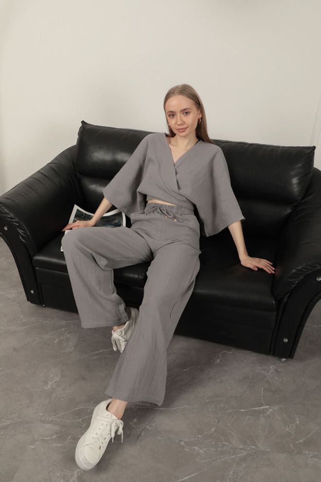 Maxi Modena Pantaloni Larghi Da Donna In Tessuto Mueslin Grigio Abbigliamento all'ingrosso Casuale
