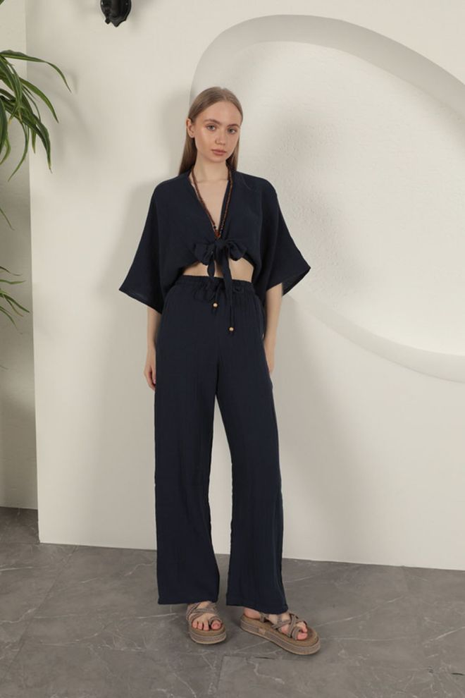 Maxi Modena Pantaloni Larghi Da Donna In Tessuto Mueslin Navy Abbigliamento all'ingrosso Casuale