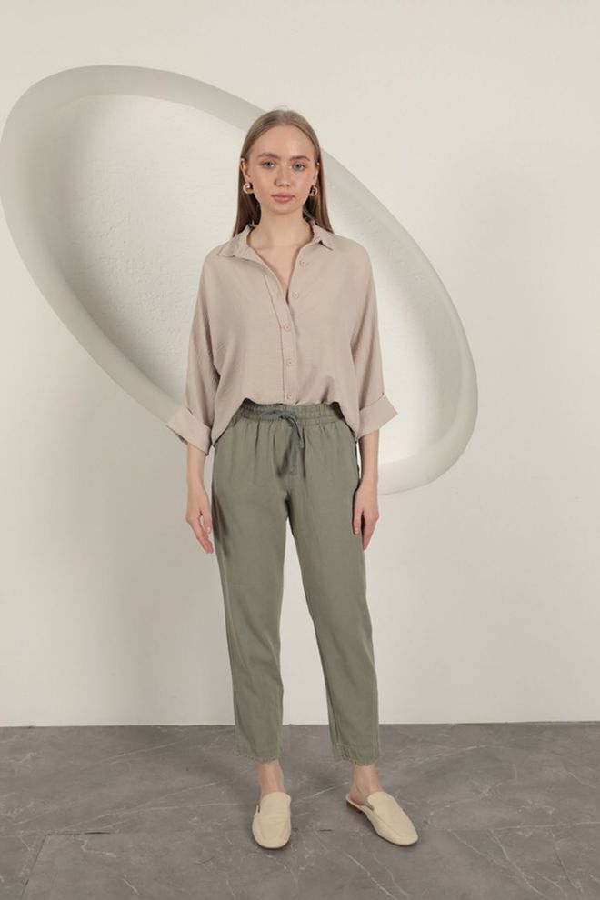 Maxi Modena Pantaloni Da Donna Con Nappine In Tessuto Gabardine Khaki Abbigliamento all'ingrosso Casuale