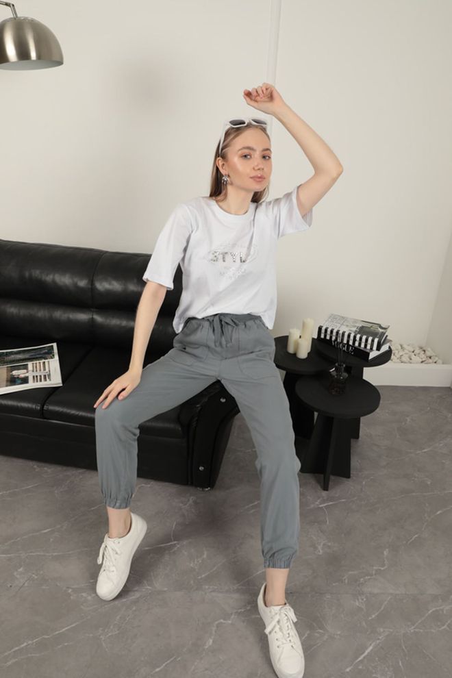 Maxi Modena Pantaloni Da Donna Elasticizzati In Tessuto Gabardine Grigio Abbigliamento all'ingrosso Casuale
