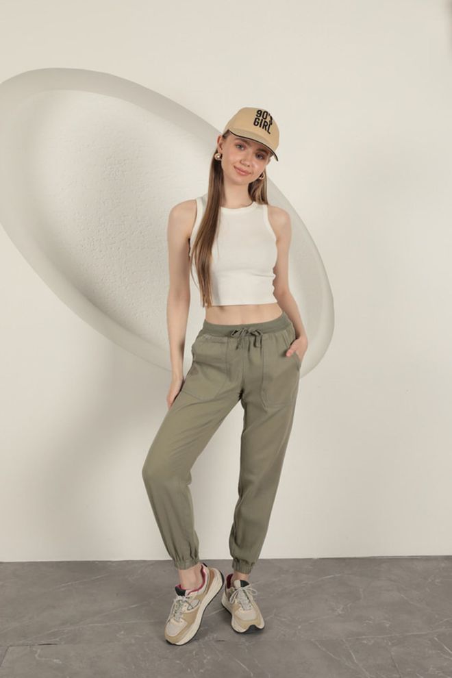 Maxi Modena Pantaloni Da Donna Elasticizzati In Tessuto Gabardine Khaki Abbigliamento all'ingrosso Casuale