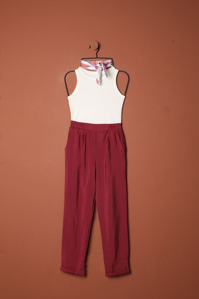 Maxi Modena Pantaloni Da Donna A Doppia Gamba In Tessuto Modale Bordeaux Abbigliamento all'ingrosso Casuale
