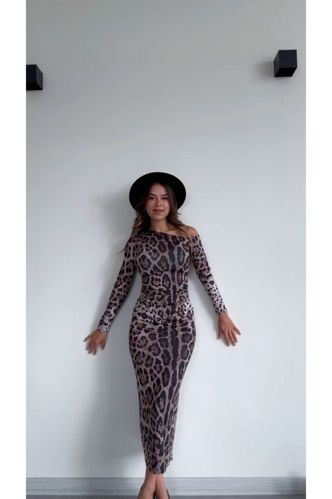 Maxi Modena Черна Бодикон Рокля С Леопардов Принт И Дълги Ръкави Дрехи на едро Пролет