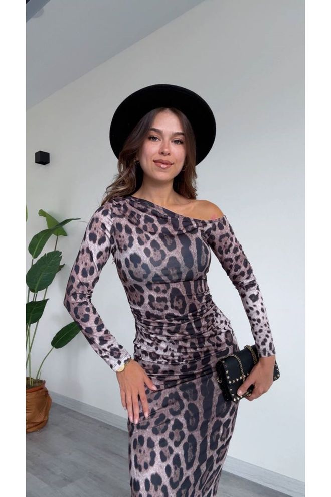 Maxi Modena Черна Бодикон Рокля С Леопардов Принт И Дълги Ръкави Дрехи на едро Работа