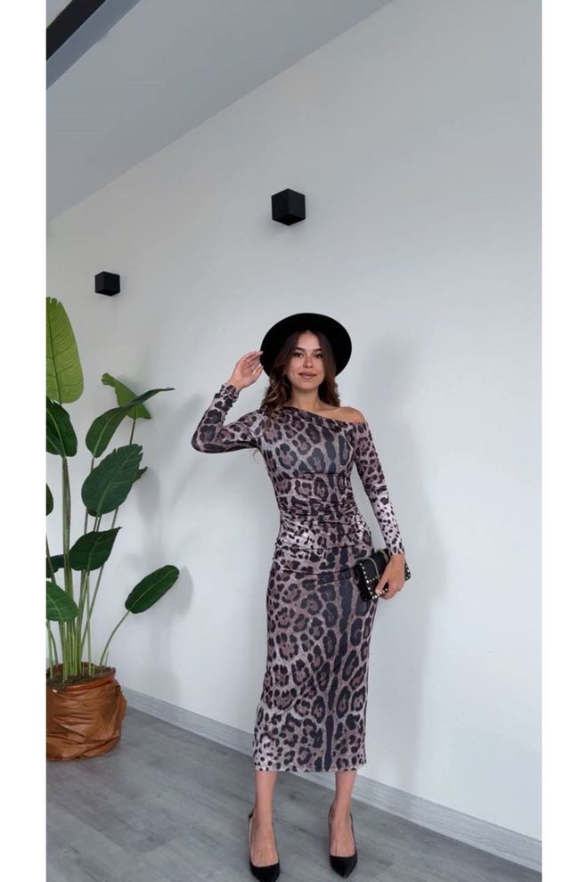 Maxi Modena Black Bodycon Dress With Leopard Print And Long Sleeves Wholesale Clothing Sexy