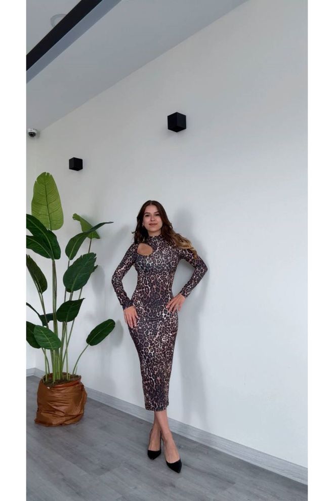 Maxi Modena Brown Leopard Print Bodycon Dress With Long Sleeves Wholesale Clothing Casual