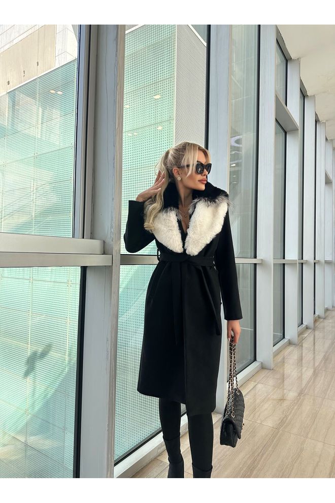 Maxi Modena Черно Елегантно Слим Палто С Единично Копчeне И Вратовръзка Дрехи на едро Винтидж