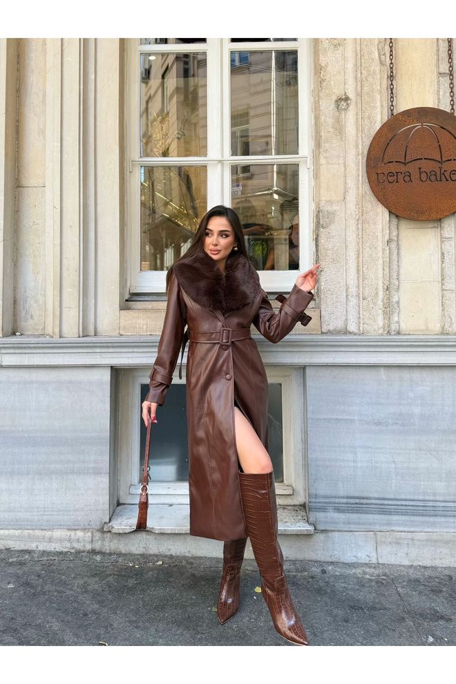 Maxi Modena Brown Elegant Slim Fit Single Breasted Fur Coat Wholesale Clothing Vintage