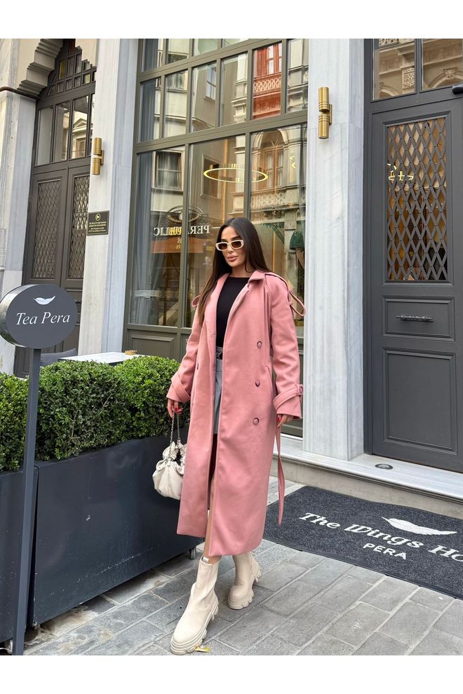 Maxi Modena Elegant Pink Double Breasted Long Coat Wholesale Clothing Casual