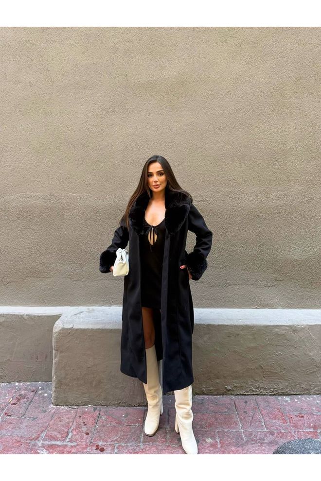 Maxi Modena Black Elegant Glam Slim Fit Fur Single Breasted Coat Wholesale Clothing Vintage