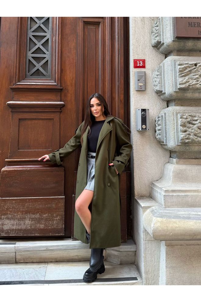 Maxi Modena Green Double Breasted Wrapover Coat Wholesale Clothing Modest