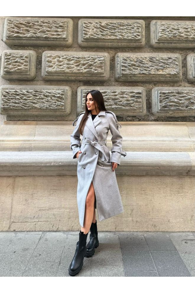 Maxi Modena Grey Elegant Double Breasted Long Coat Wholesale Clothing Modest