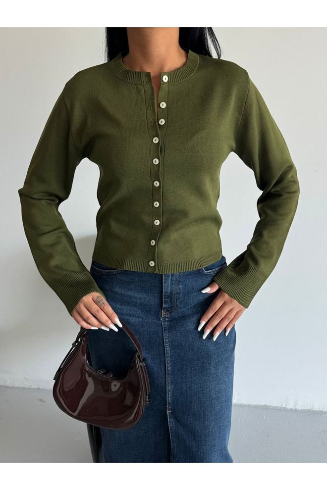 Maxi Modena Green Slim Fit Buttoned Cardigan With Round Neck Wholesale Clothing Preppy