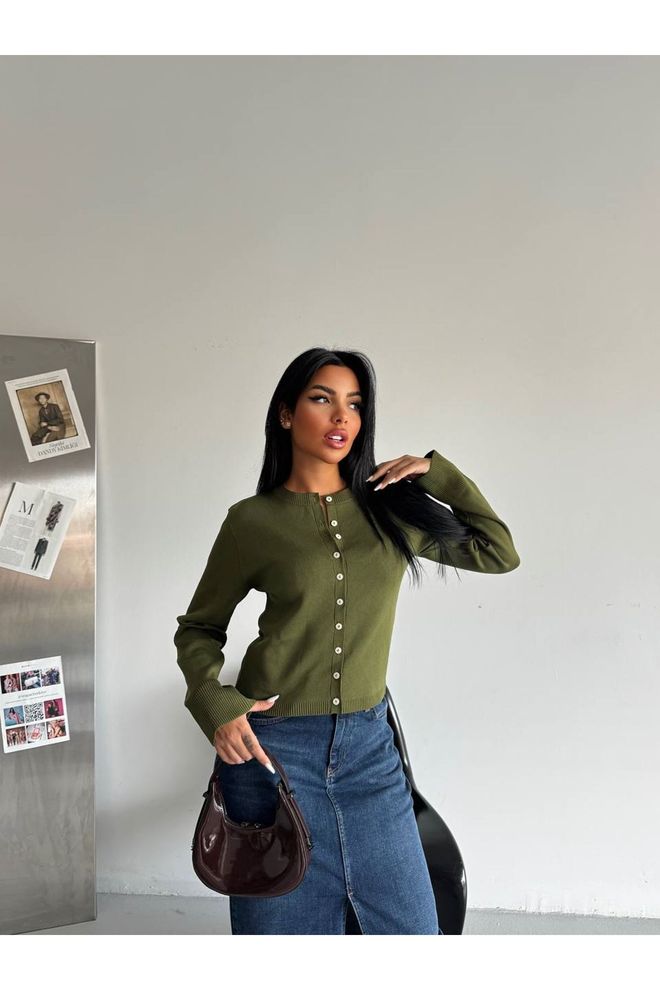 Maxi Modena Green Slim Fit Buttoned Cardigan With Round Neck Wholesale Clothing 1