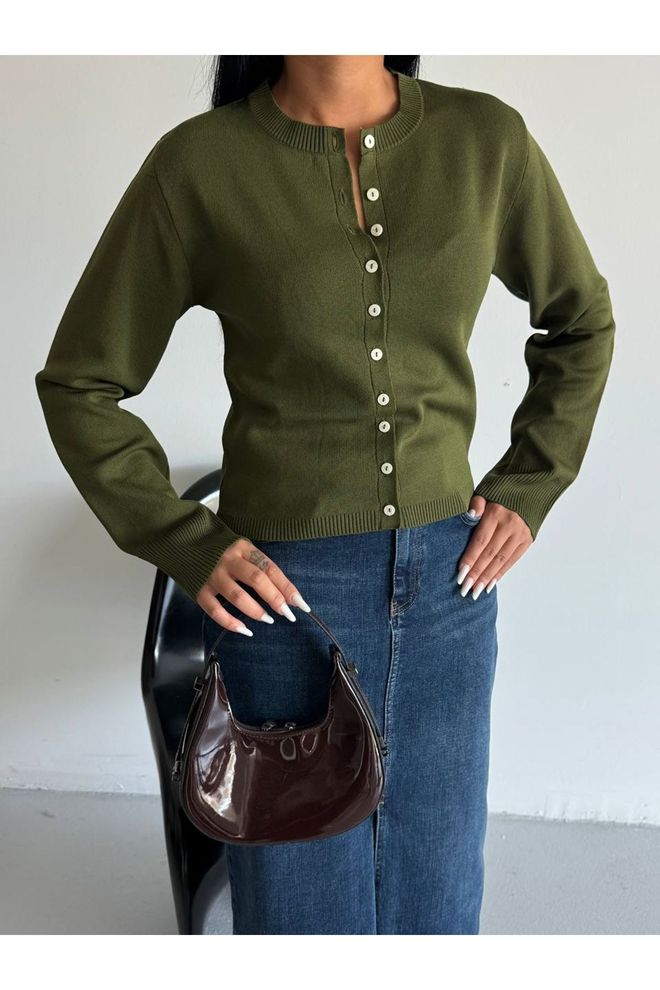 Maxi Modena Green Slim Fit Buttoned Cardigan With Round Neck Wholesale Clothing Spring