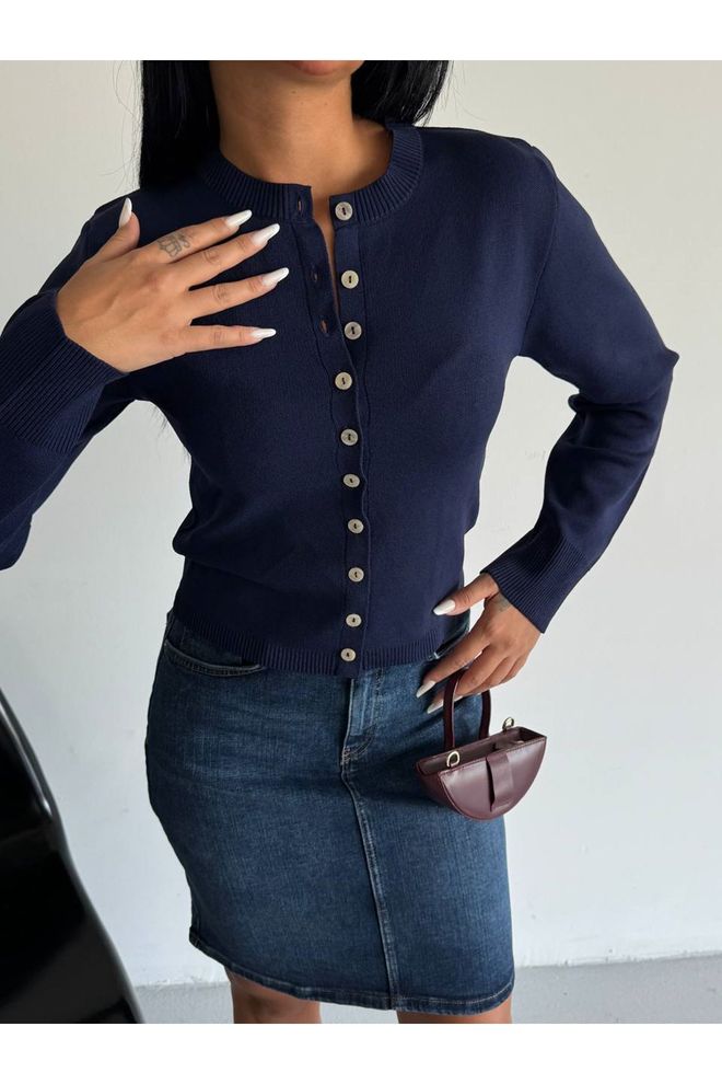 Maxi Modena Navy Blue Cardigan Slim Fit Buttoned Casual Elegance Wholesale Clothing Preppy