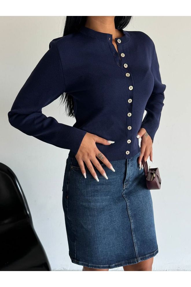 Maxi Modena Navy Blue Cardigan Slim Fit Buttoned Casual Elegance Wholesale Clothing Spring