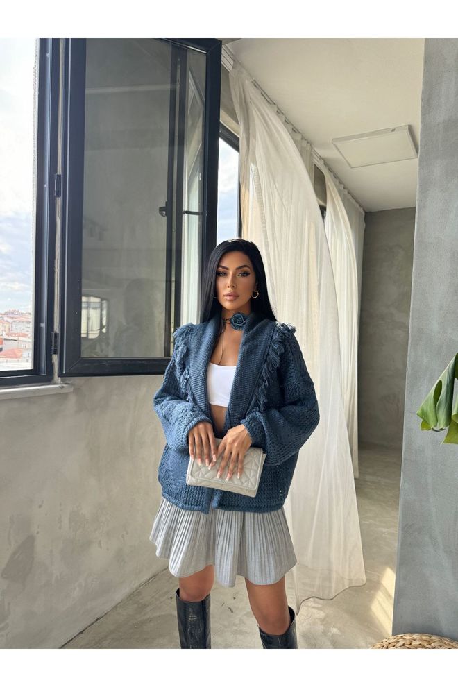 Maxi Modena Blue Oversized Fit Casual Cardigan With Scoop Neck Wholesale Clothing Spring