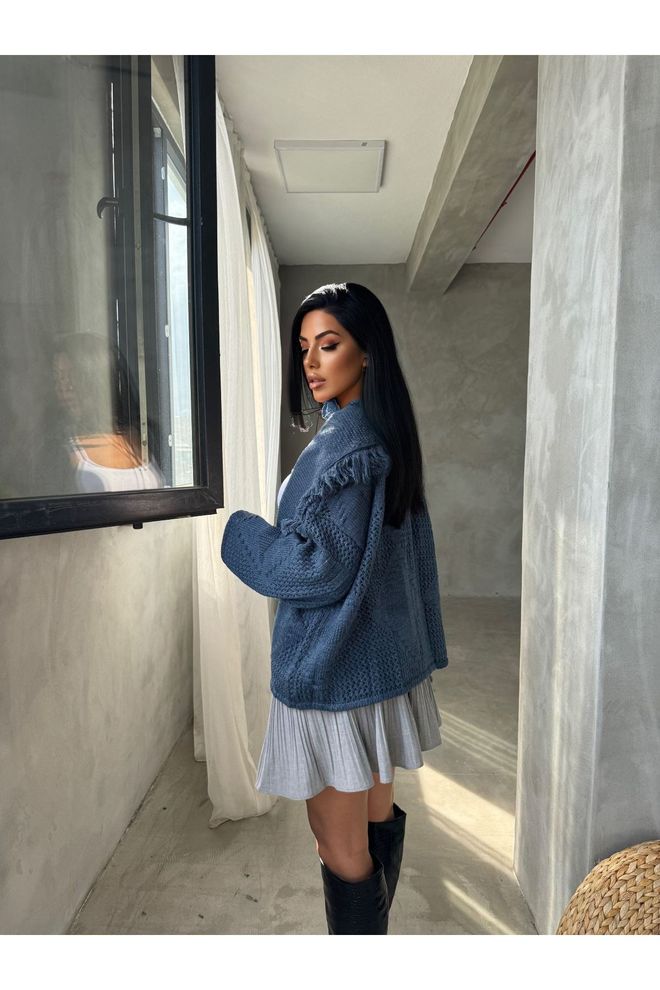 Maxi Modena Blue Oversized Fit Casual Cardigan With Scoop Neck Wholesale Clothing 1