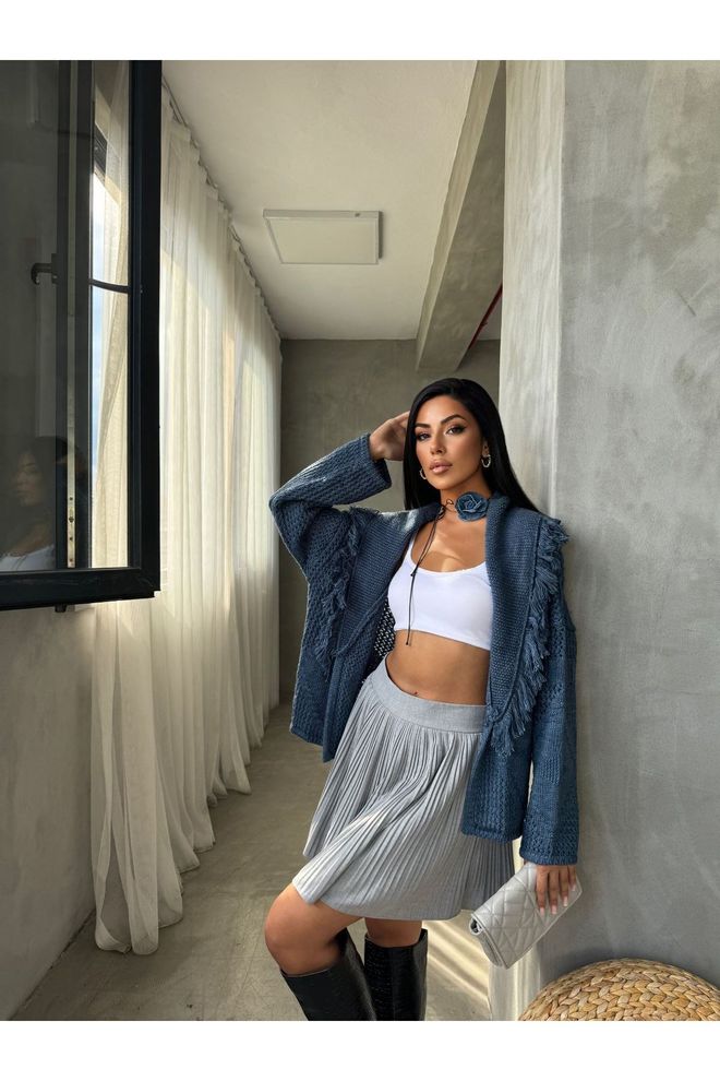 Maxi Modena Blue Oversized Fit Casual Cardigan With Scoop Neck Wholesale Clothing Fall