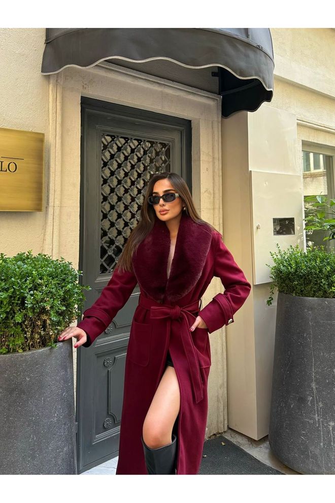 Maxi Modena Claret Red Wrapover Coat With Notched Collar Wholesale Clothing 1