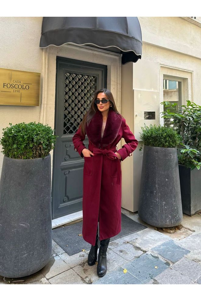 Maxi Modena Claret Red Wrapover Coat With Notched Collar Wholesale Clothing Fall