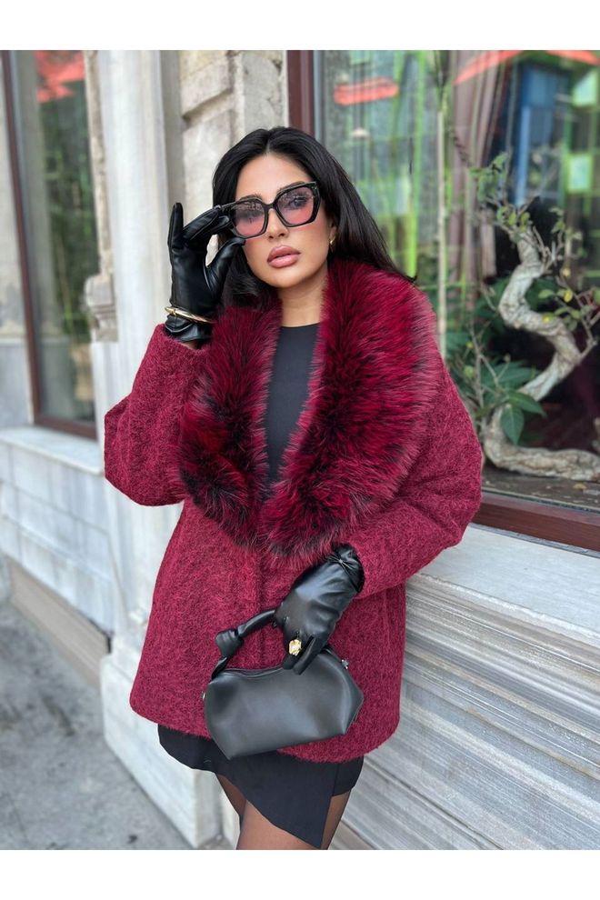 Maxi Modena Claret Red Elegant Single Breasted Fur Coat Wholesale Clothing Vintage