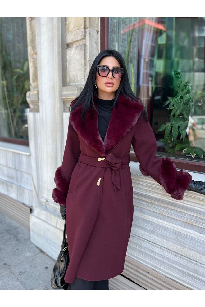 Maxi Modena Claret Red Elegant Single Breasted Wrapover Coat Wholesale Clothing Casual