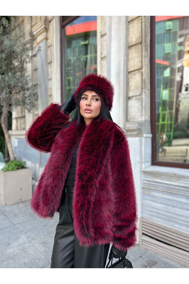 Maxi Modena Claret Red Fur Jacket With Notched Collar Wholesale Clothing Casual