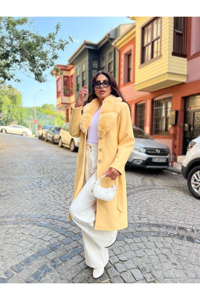 Maxi Modena Bej Dar Kalıp Tek Düğmeli Kaban Toptan Giyim Nostaljik