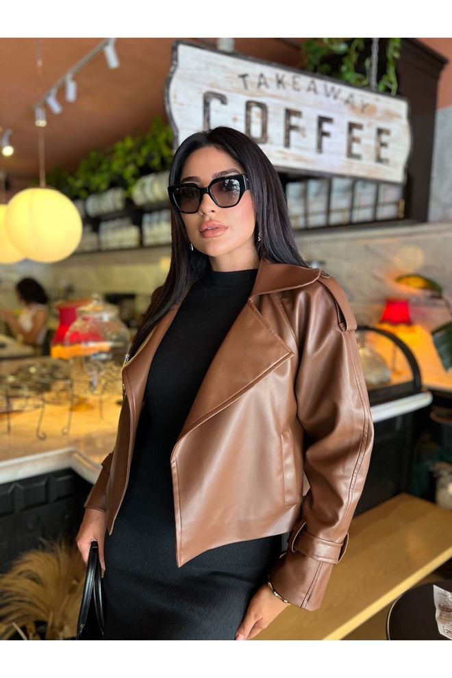 Maxi Modena Kahverengi Motosiklet Ceketi Bol Kalıplı Ve Çentikli Yakalı Toptan Giyim Gündelik