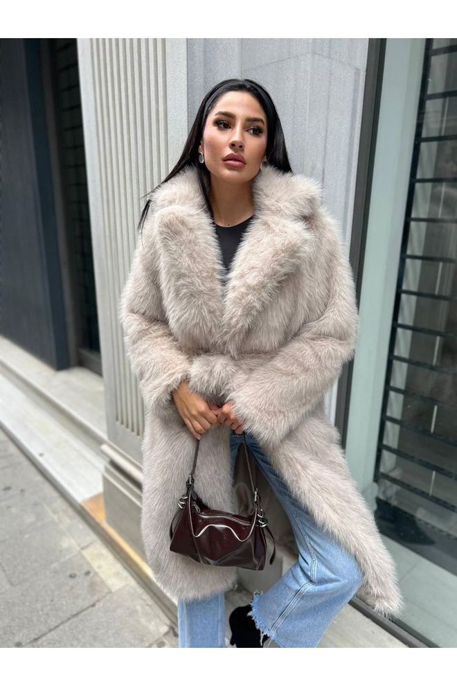 Maxi Modena Bej Zarif Kürk Anvelop Bağlamalı Kaban Toptan Giyim Gündelik